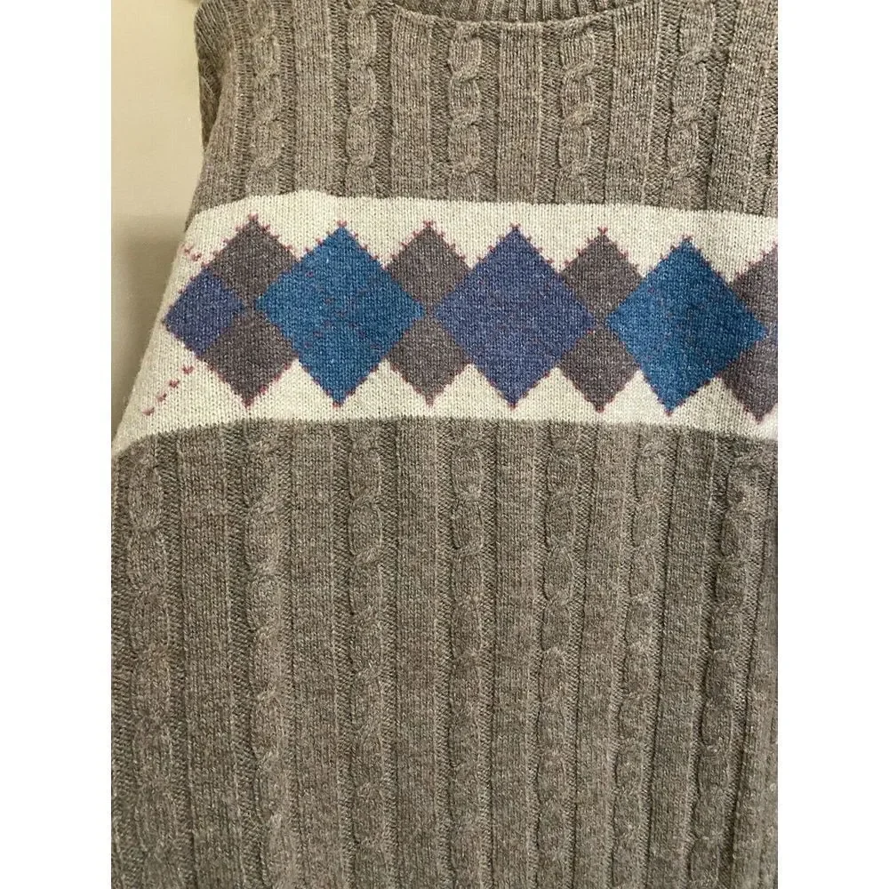 Vintage Country Squire By Jantzen Light Brown Wool Sweater Blue Argyle Print M